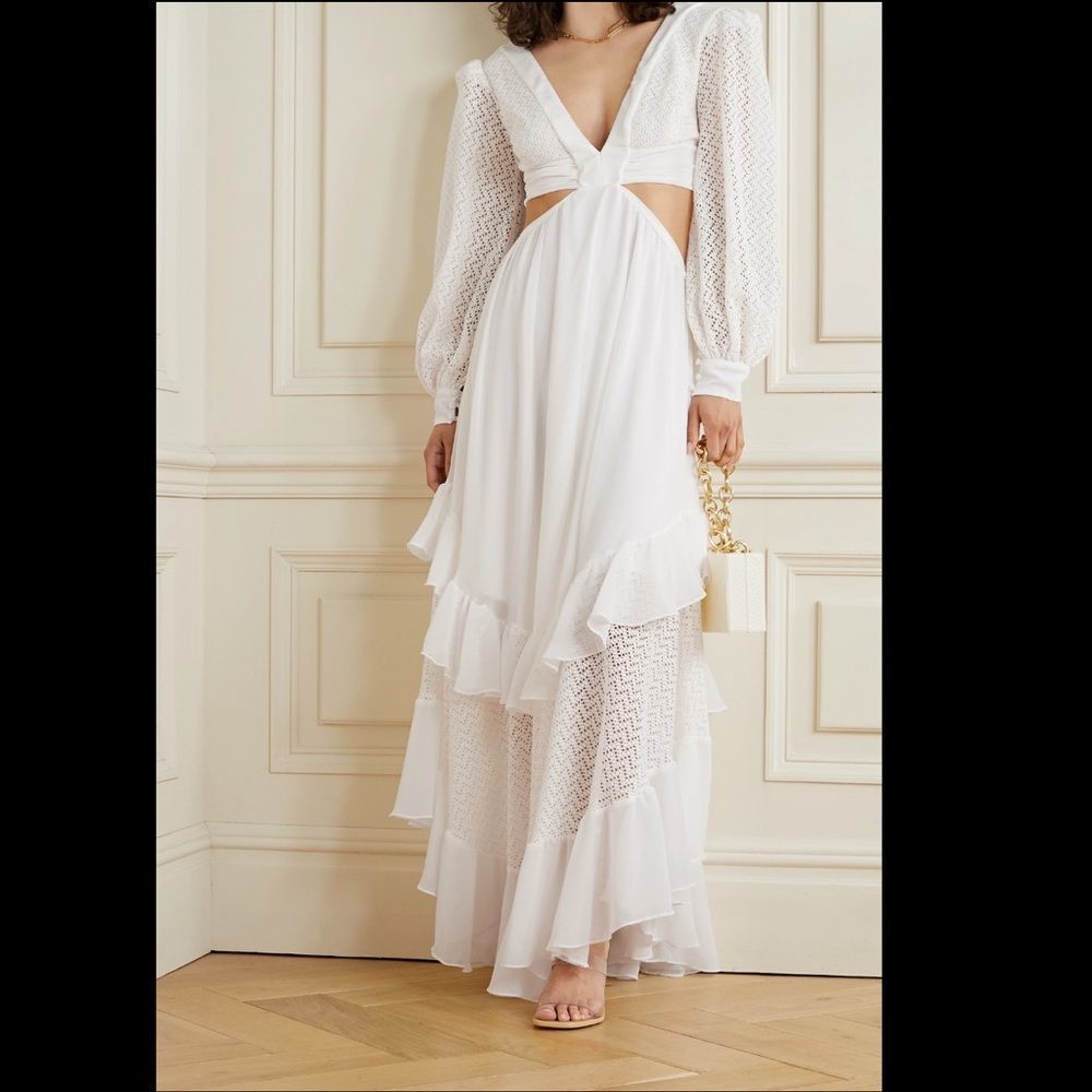 PATBO Cutout tiered crochet-knit and satin-jersey maxi dress